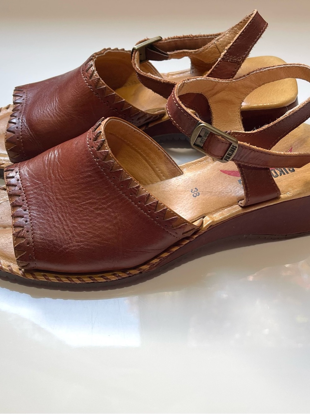 PIKOLINOS Women’s Cognac Brown Leather Slingback Sandals Extra Comfort